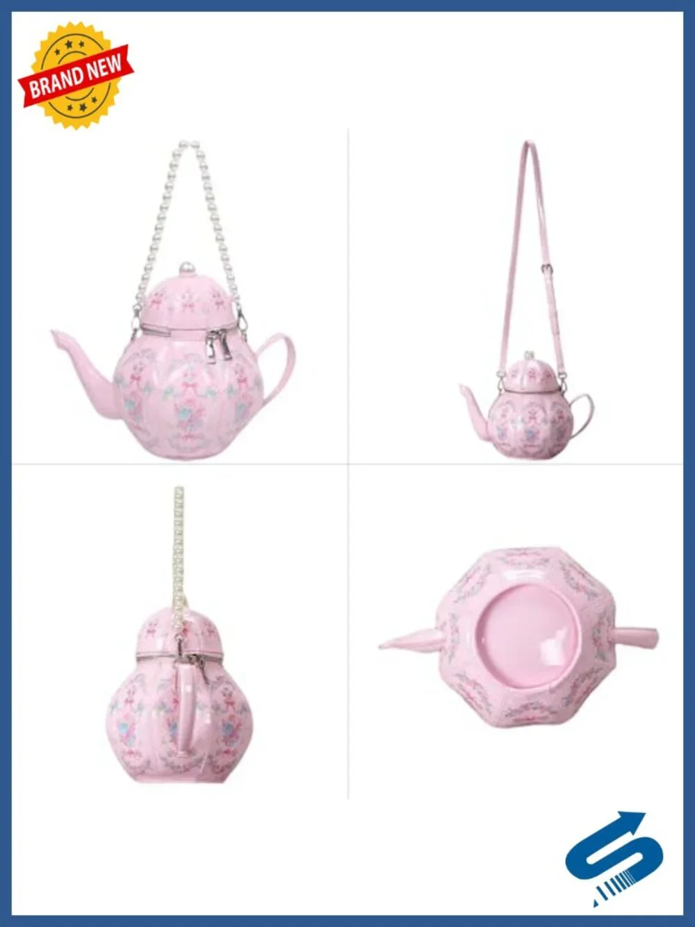 Teapot Shaped Crossbody Bag for Women | PU Leather Floral Purse with Pearl Chain